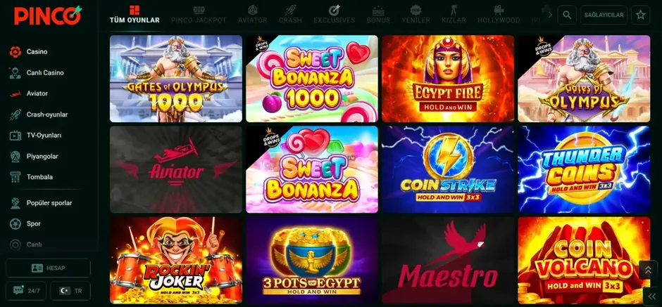 Pinco oyun lobisi: kategori sekmeleri, sağlayıcı filtresi ve popüler slot listesi